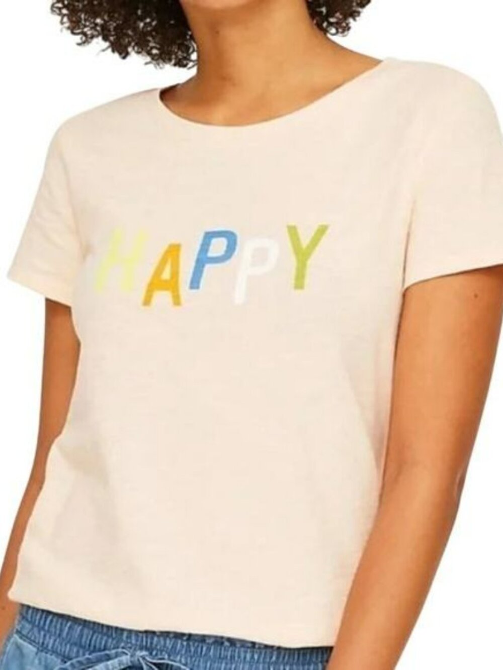 LOFT‎ Women's Happy Graphic Everyday Crew Tee in Pink-Size L